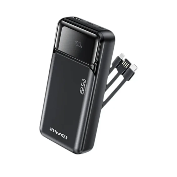 Awei PA‑93 20000mAh 22.5W Fast Charging Power Bank with Built‑in Dual Cables